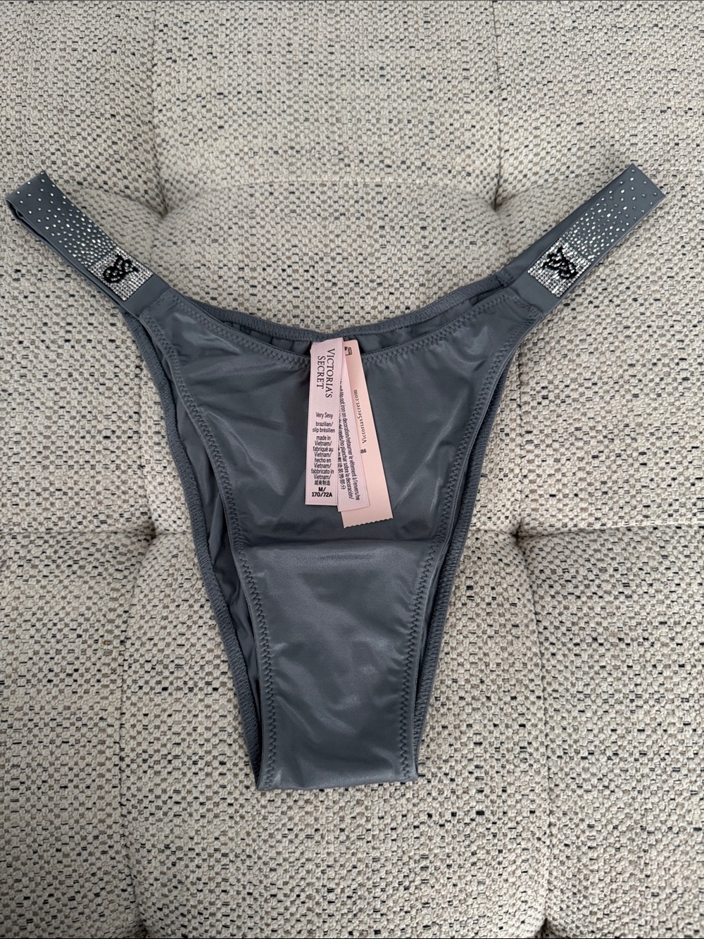 Victoria's Secret Charcoal Gray Thong with Rhinestone-Strap Detail